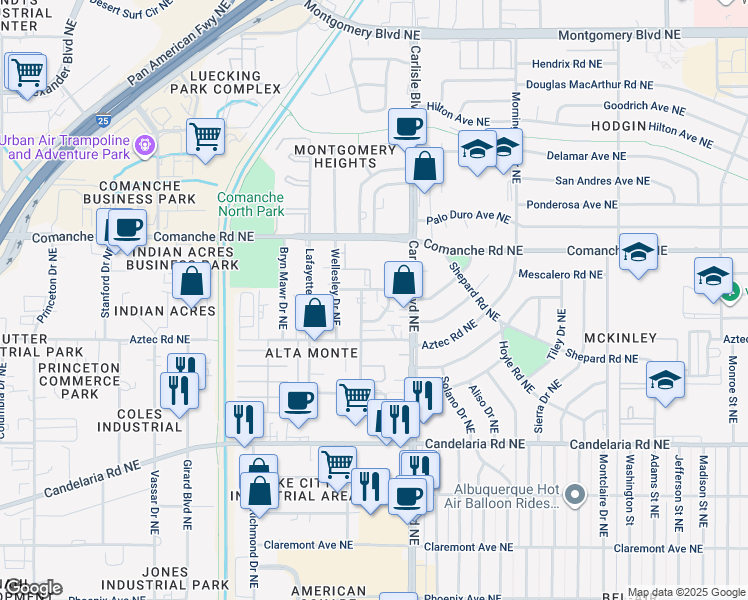 map of restaurants, bars, coffee shops, grocery stores, and more near 3417 Tulane Drive Northeast in Albuquerque
