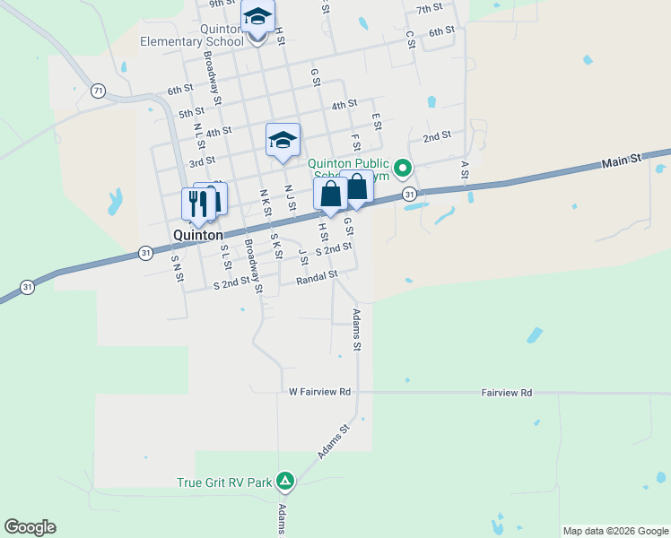 map of restaurants, bars, coffee shops, grocery stores, and more near 611 Adams Street in Quinton