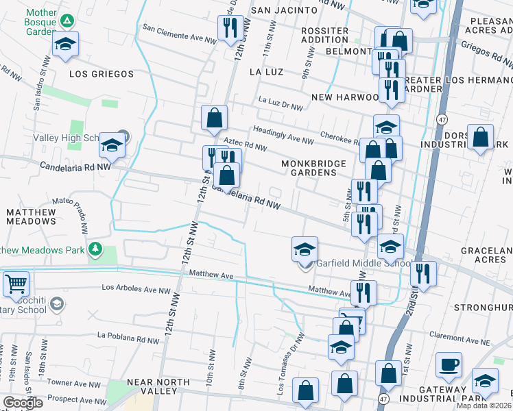 map of restaurants, bars, coffee shops, grocery stores, and more near 3628 10th Street Northwest in Albuquerque