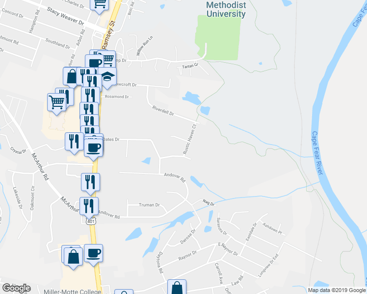 map of restaurants, bars, coffee shops, grocery stores, and more near 4549 Rustic Haven Court in Fayetteville