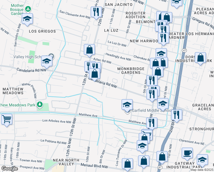 map of restaurants, bars, coffee shops, grocery stores, and more near 3628 10th Street Northwest in Albuquerque