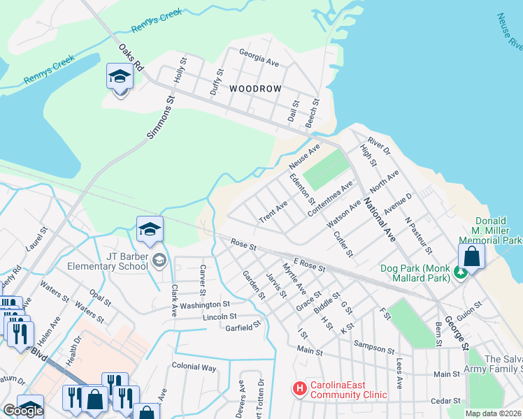 map of restaurants, bars, coffee shops, grocery stores, and more near 1713 Fayetteville Street in New Bern