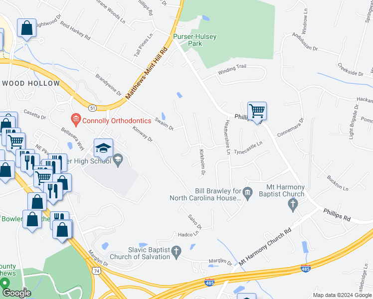 map of restaurants, bars, coffee shops, grocery stores, and more near 2525 Bathgate Lane in Matthews