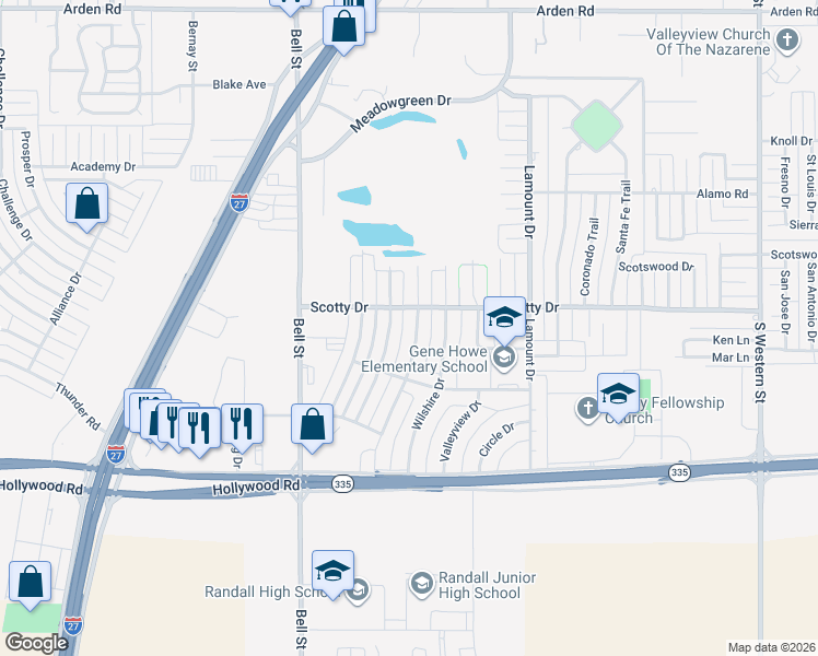map of restaurants, bars, coffee shops, grocery stores, and more near 8411 Pomona Drive in Amarillo