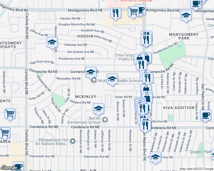 map of restaurants, bars, coffee shops, grocery stores, and more near 3303 Monroe Street Northeast in Albuquerque