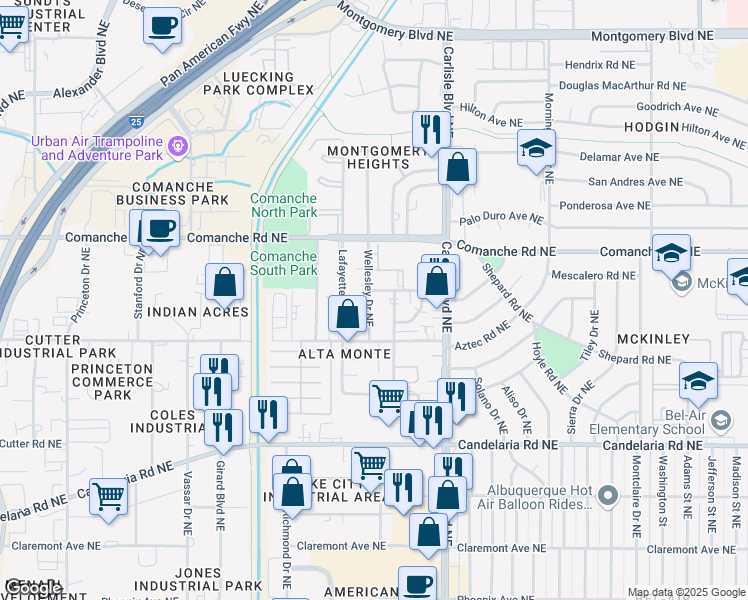 map of restaurants, bars, coffee shops, grocery stores, and more near 3417 Tulane Drive Northeast in Albuquerque