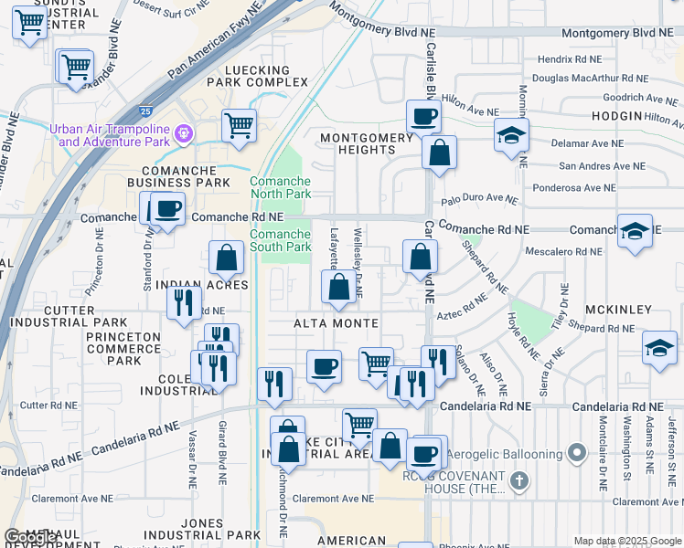 map of restaurants, bars, coffee shops, grocery stores, and more near 322 Lafayette Drive Northeast in Albuquerque