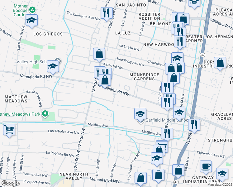 map of restaurants, bars, coffee shops, grocery stores, and more near 900 Candelaria Road Northwest in Albuquerque