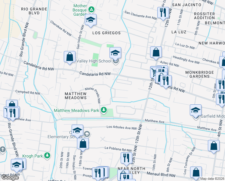map of restaurants, bars, coffee shops, grocery stores, and more near 3503-3505 Cam Aplauso NW in Albuquerque