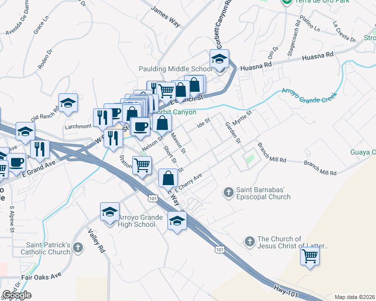 map of restaurants, bars, coffee shops, grocery stores, and more near 318 South Mason Street in Arroyo Grande