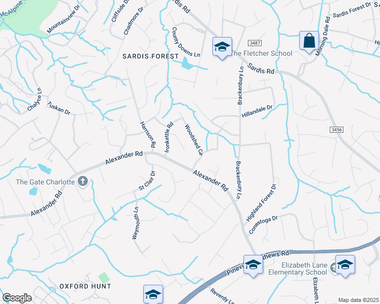 map of restaurants, bars, coffee shops, grocery stores, and more near 7631 Alexander Road in Charlotte