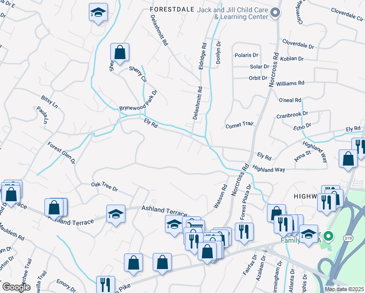 map of restaurants, bars, coffee shops, grocery stores, and more near 4292 Byrnewood Village Circle in Chattanooga
