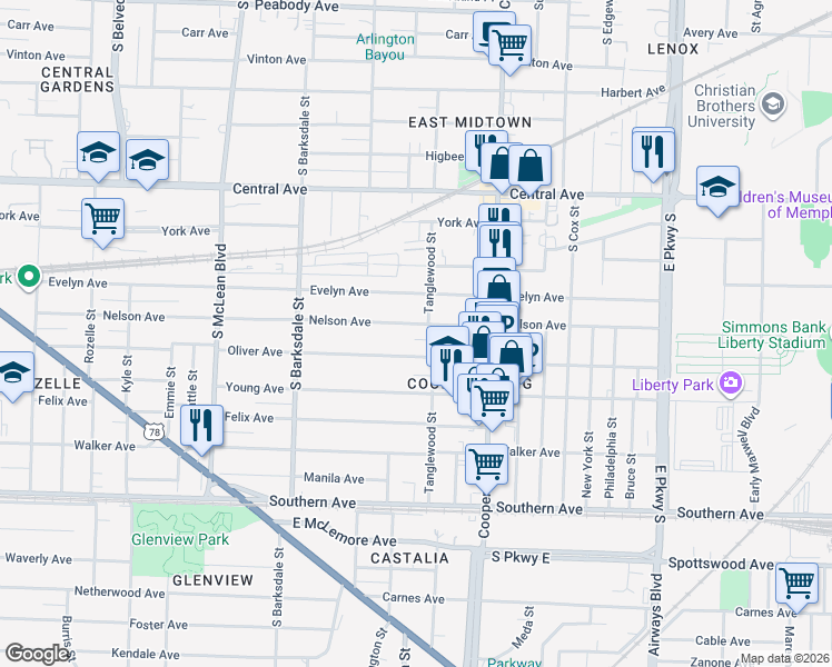 map of restaurants, bars, coffee shops, grocery stores, and more near 2046 Oliver Avenue in Memphis