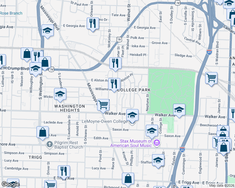 map of restaurants, bars, coffee shops, grocery stores, and more near 959 Porter Street in Memphis
