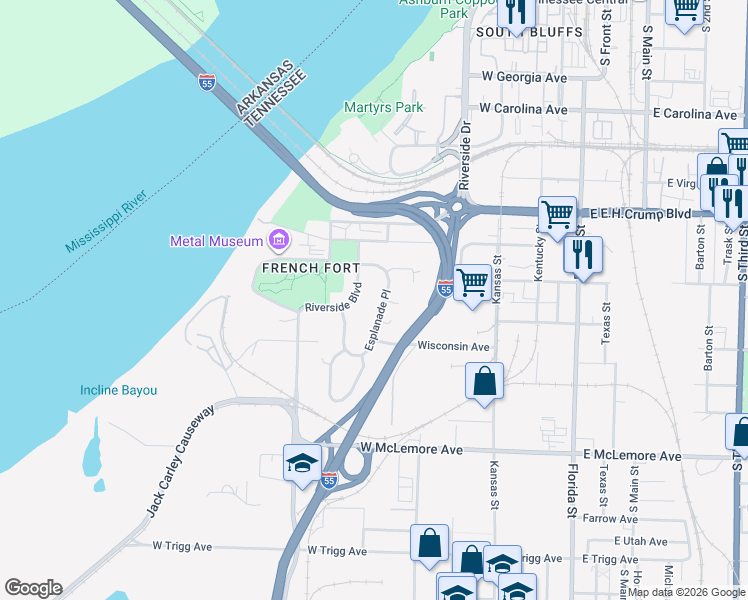 map of restaurants, bars, coffee shops, grocery stores, and more near 232 Rampart Place in Memphis