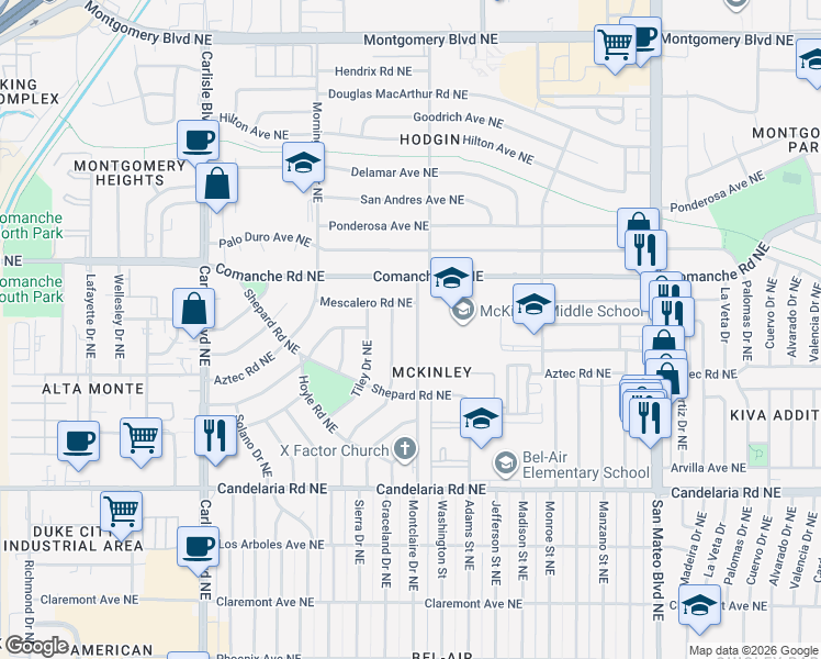 map of restaurants, bars, coffee shops, grocery stores, and more near 3337 Montclaire Drive Northeast in Albuquerque