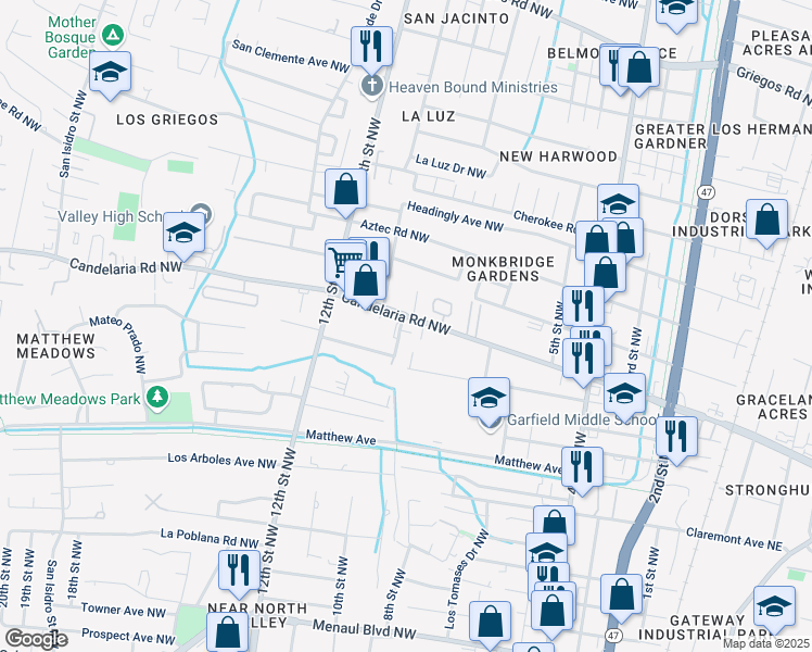 map of restaurants, bars, coffee shops, grocery stores, and more near 3632 10th Street Northwest in Albuquerque