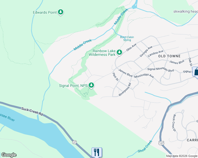 map of restaurants, bars, coffee shops, grocery stores, and more near Signal Point Road in Signal Mountain