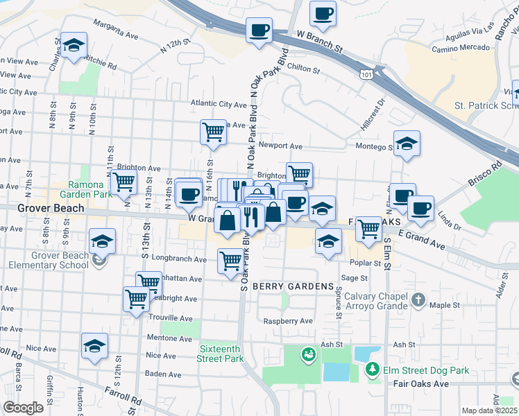 map of restaurants, bars, coffee shops, grocery stores, and more near in Grover Beach