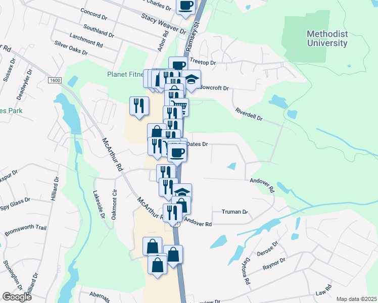map of restaurants, bars, coffee shops, grocery stores, and more near 4418 Ramsey Street in Fayetteville