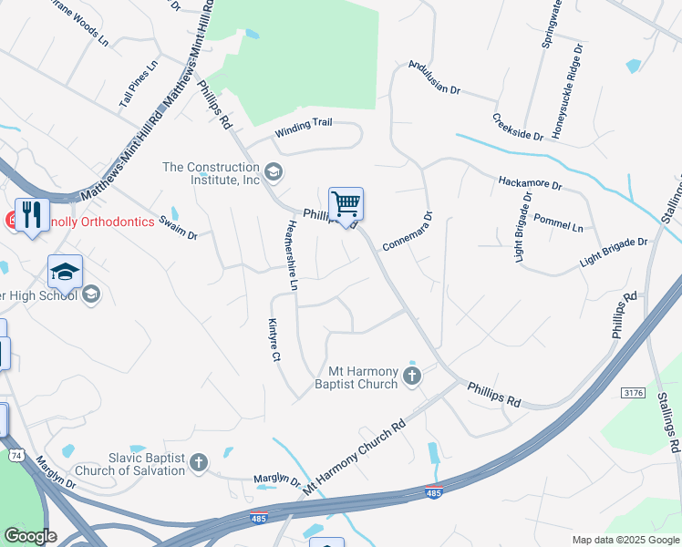 map of restaurants, bars, coffee shops, grocery stores, and more near 13633 Strathaven Drive in Matthews