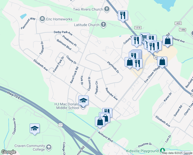 map of restaurants, bars, coffee shops, grocery stores, and more near 848 Halifax Circle in New Bern