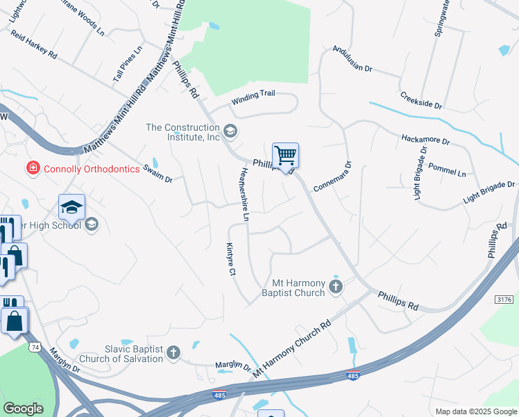 map of restaurants, bars, coffee shops, grocery stores, and more near 13615 Tynecastle Lane in Matthews