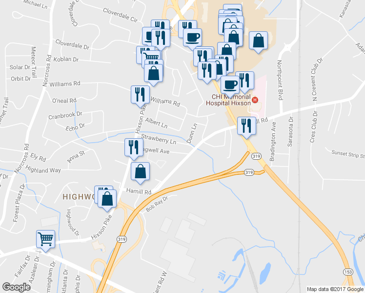 map of restaurants, bars, coffee shops, grocery stores, and more near 1720 Strawberry Lane in Chattanooga
