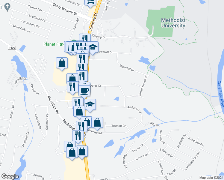 map of restaurants, bars, coffee shops, grocery stores, and more near 210 Oates Drive in Fayetteville