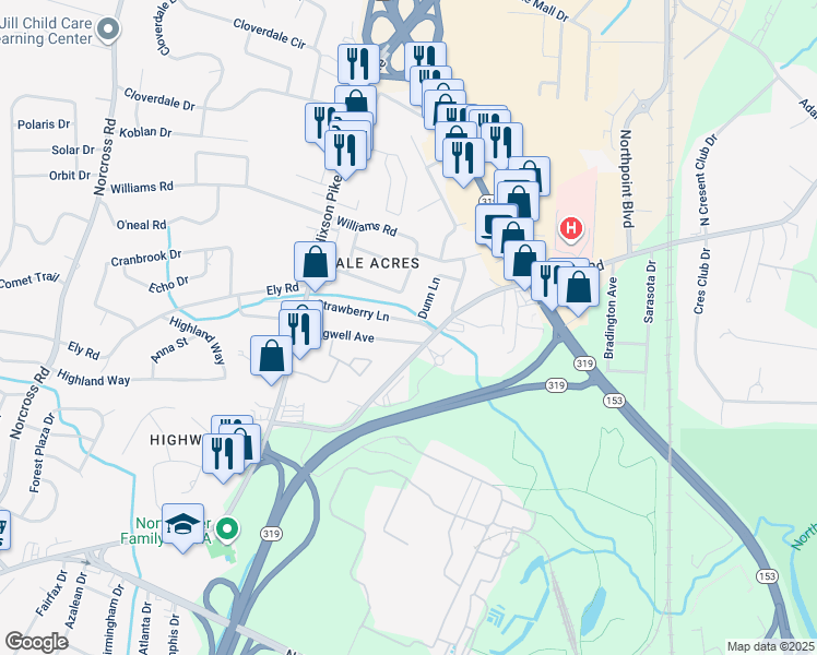 map of restaurants, bars, coffee shops, grocery stores, and more near 1720 Strawberry Lane in Chattanooga