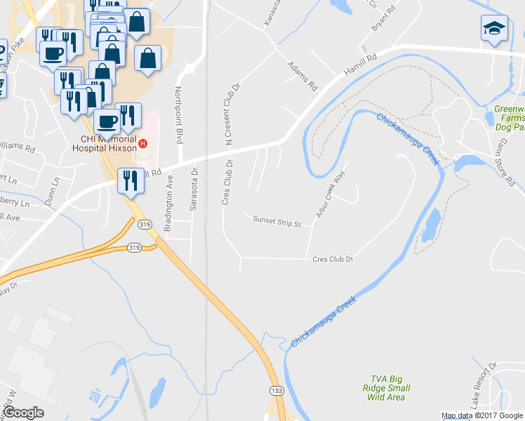 map of restaurants, bars, coffee shops, grocery stores, and more near 2401 Sunset Strip Street in Chattanooga