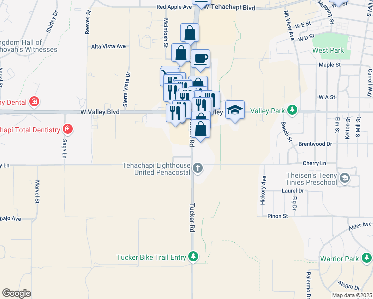map of restaurants, bars, coffee shops, grocery stores, and more near 851 Tucker Road in Tehachapi