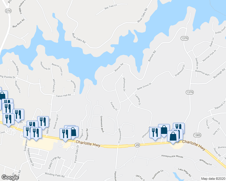 map of restaurants, bars, coffee shops, grocery stores, and more near 1063 Bonum Road in Lake Wylie