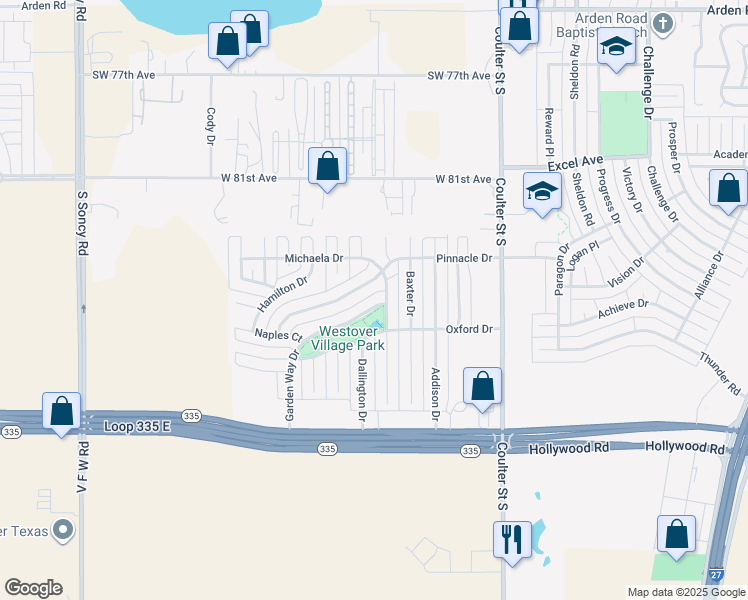 map of restaurants, bars, coffee shops, grocery stores, and more near 8419 Cortona Drive in Amarillo