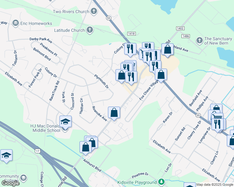 map of restaurants, bars, coffee shops, grocery stores, and more near 1022 Plymouth Drive in New Bern
