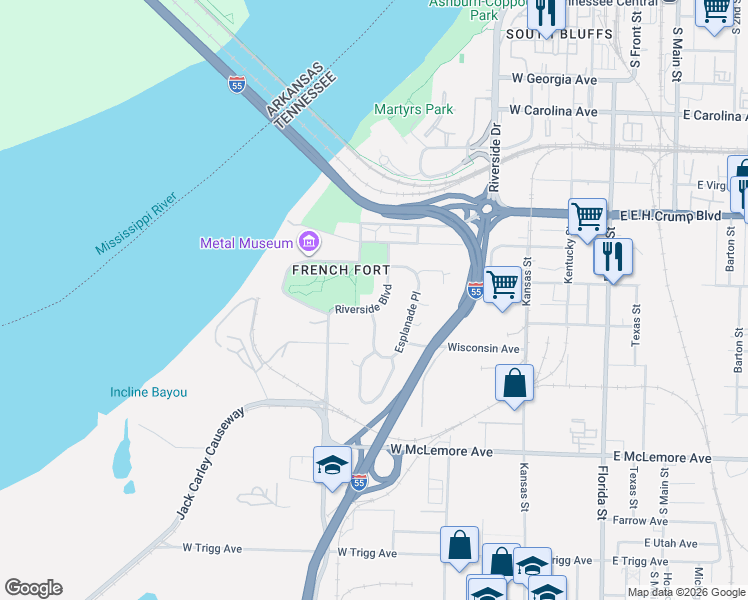 map of restaurants, bars, coffee shops, grocery stores, and more near 986 Esplanade Place in Memphis