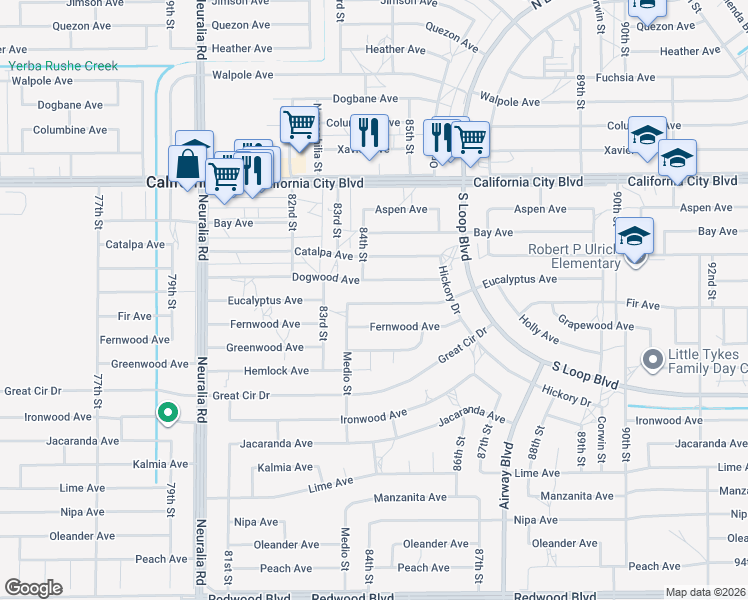 map of restaurants, bars, coffee shops, grocery stores, and more near 8401 Eucalyptus Avenue in California City