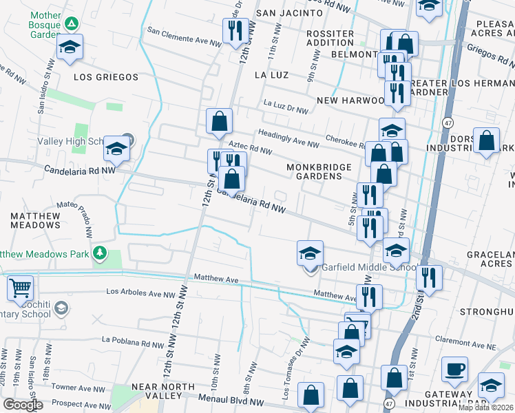 map of restaurants, bars, coffee shops, grocery stores, and more near 3632 10th Street Northwest in Albuquerque