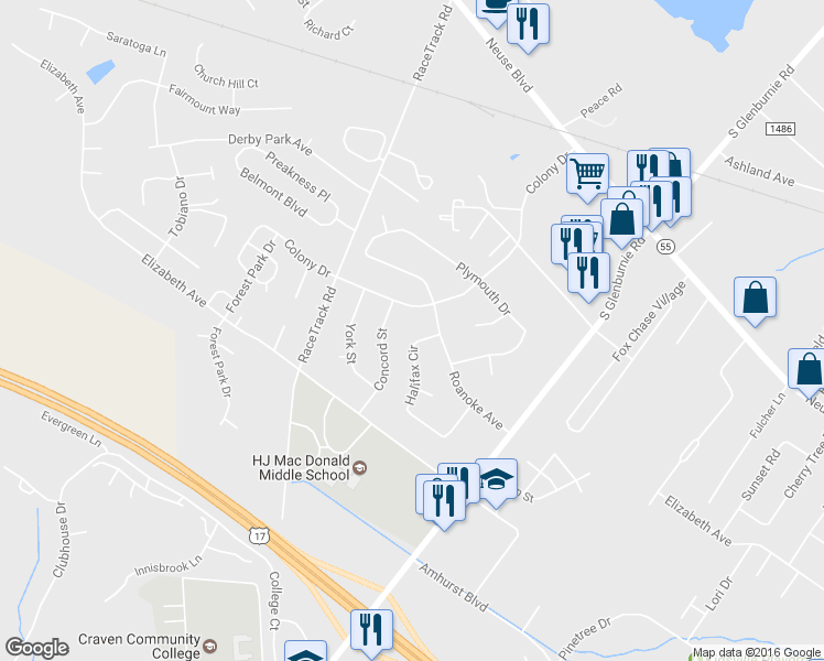 map of restaurants, bars, coffee shops, grocery stores, and more near 848 Halifax Circle in New Bern