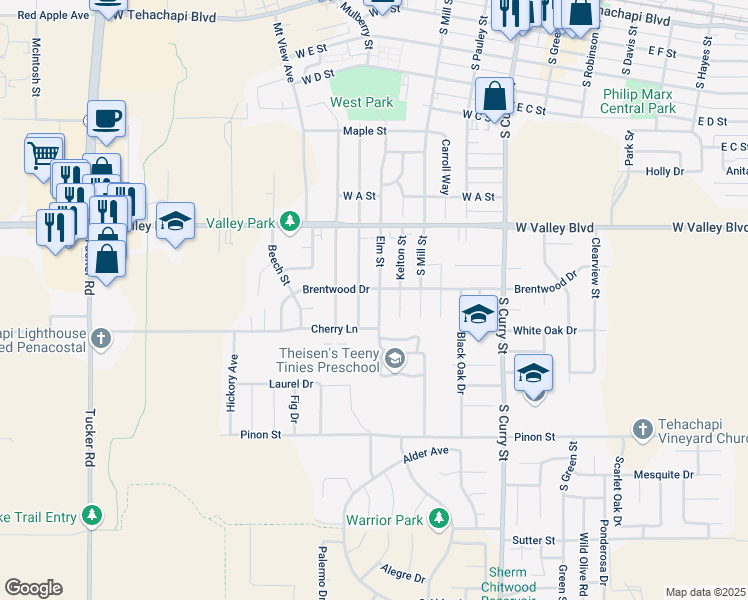 map of restaurants, bars, coffee shops, grocery stores, and more near 903 Elm Street in Tehachapi