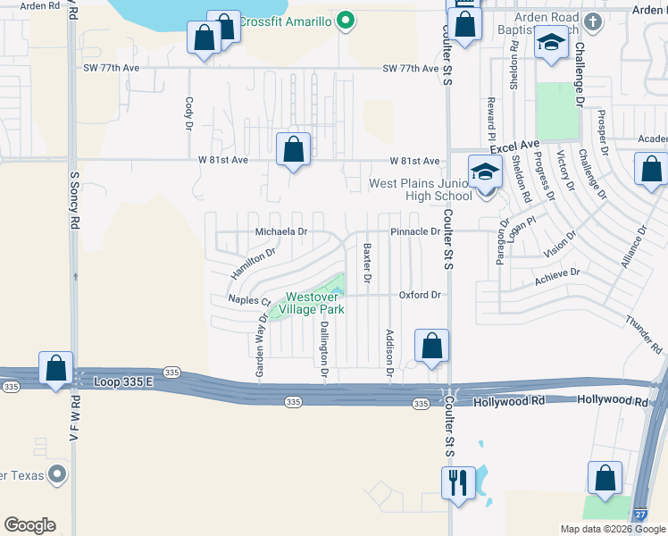 map of restaurants, bars, coffee shops, grocery stores, and more near 8419 Cortona Drive in Amarillo