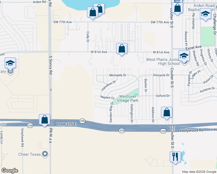 map of restaurants, bars, coffee shops, grocery stores, and more near 7740 Pinnacle Drive in Amarillo