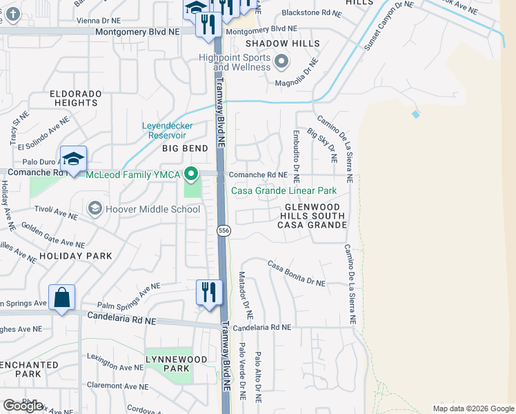 map of restaurants, bars, coffee shops, grocery stores, and more near 84 Pheasant Hill Drive in Albuquerque