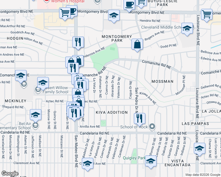map of restaurants, bars, coffee shops, grocery stores, and more near 3312 Alvarado Drive Northeast in Albuquerque