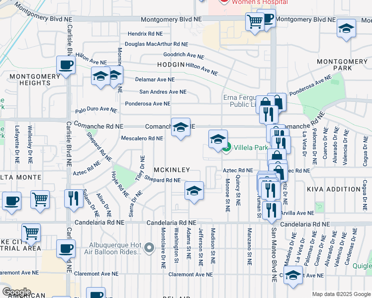 map of restaurants, bars, coffee shops, grocery stores, and more near 3338 Montclaire Dr NE in Albuquerque