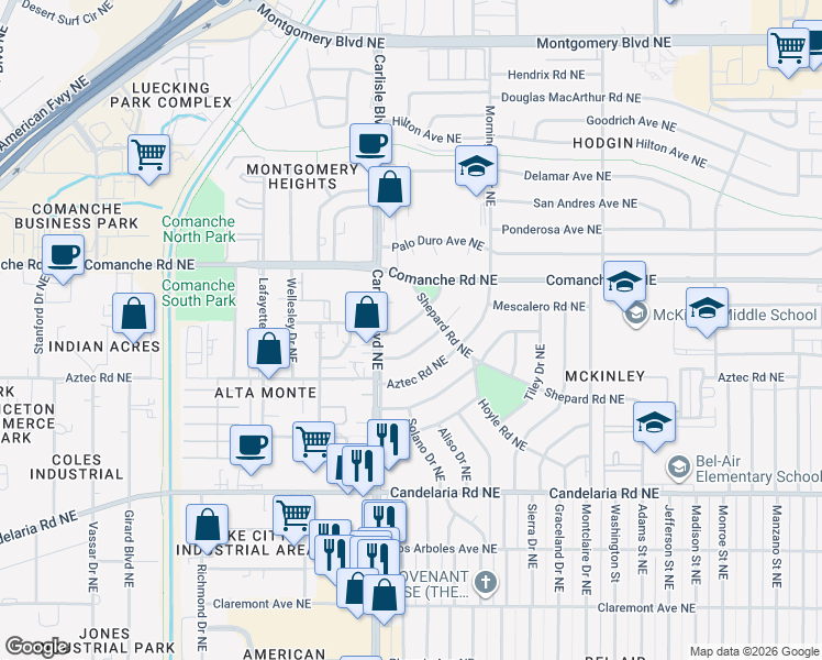 map of restaurants, bars, coffee shops, grocery stores, and more near 3607 Headingly Avenue Northeast in Albuquerque