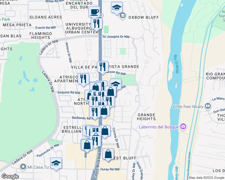 map of restaurants, bars, coffee shops, grocery stores, and more near 5310 Sequoia Road Northwest in Albuquerque