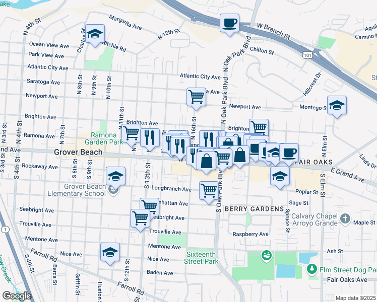 map of restaurants, bars, coffee shops, grocery stores, and more near 1580 West Grand Avenue in Grover Beach