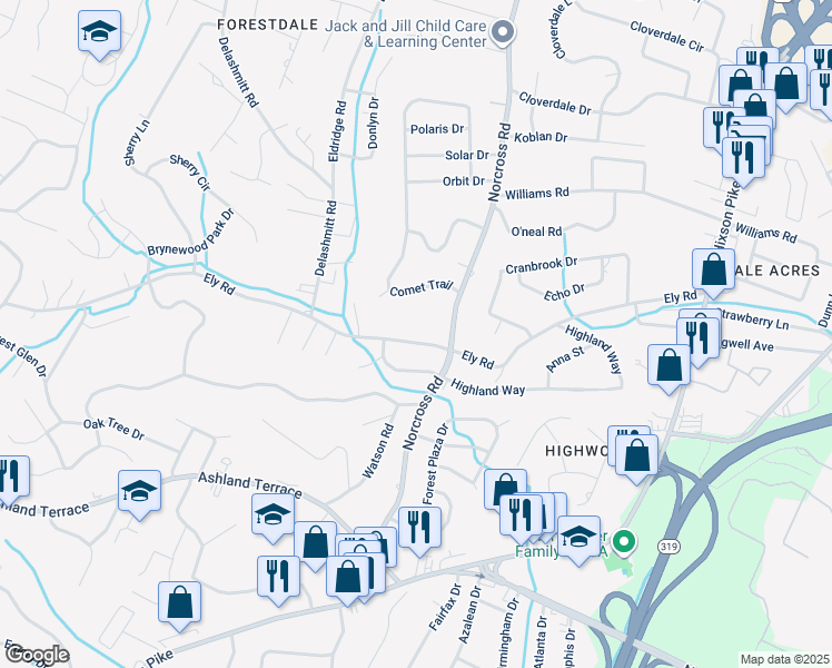 map of restaurants, bars, coffee shops, grocery stores, and more near 1331 Highland Way in Chattanooga