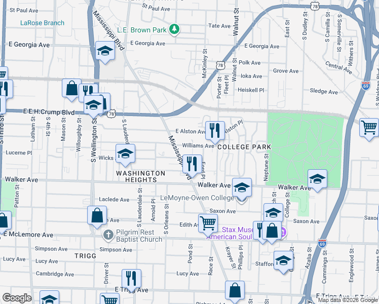 map of restaurants, bars, coffee shops, grocery stores, and more near 956 Mississippi Boulevard in Memphis